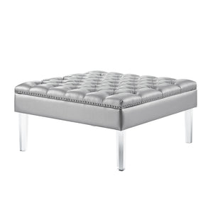 Homeroots 35" Silver Faux Leather And Clear Tufted Cocktail Ottoman Silver  487784