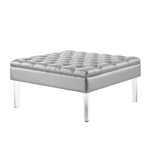 Homeroots 35" Silver Faux Leather And Clear Tufted Cocktail Ottoman Silver  487784