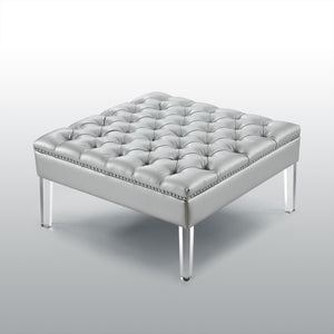 Homeroots 35" Silver Faux Leather And Clear Tufted Cocktail Ottoman Silver  487784