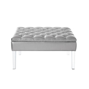 Homeroots 35" Silver Faux Leather And Clear Tufted Cocktail Ottoman Silver  487784