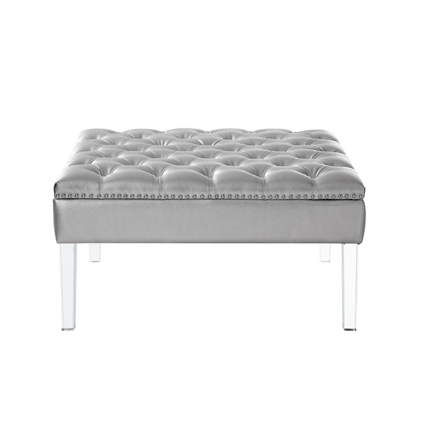 Homeroots 35" Silver Faux Leather And Clear Tufted Cocktail Ottoman Silver  487784