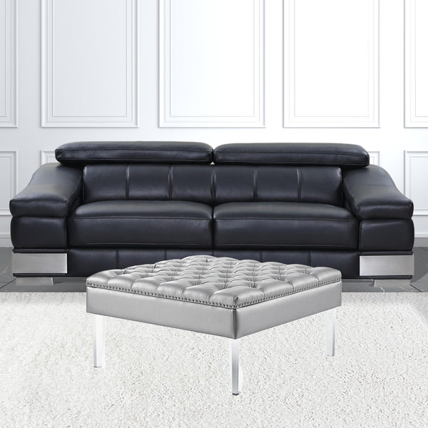 Homeroots 35" Silver Faux Leather And Clear Tufted Cocktail Ottoman Silver  487784