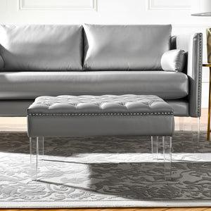 HomeRoots 35" Faux Leather Cocktail Ottoman with Clear Acrylic Frame – Modern, Multi-Functional Accent Piece Silver 487784