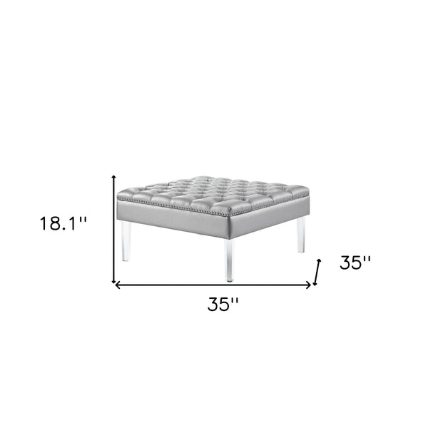 Homeroots 35" Silver Faux Leather And Clear Tufted Cocktail Ottoman Silver  487784