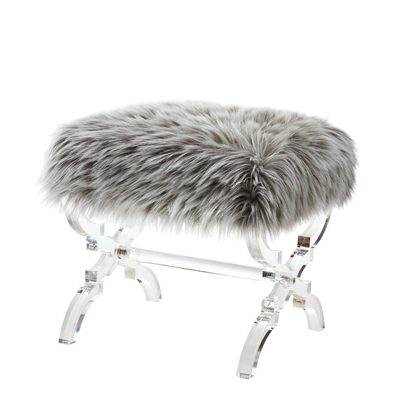 Homeroots 18" Gray Faux Fur And Clear Ottoman Grey,Faux Fur  487788