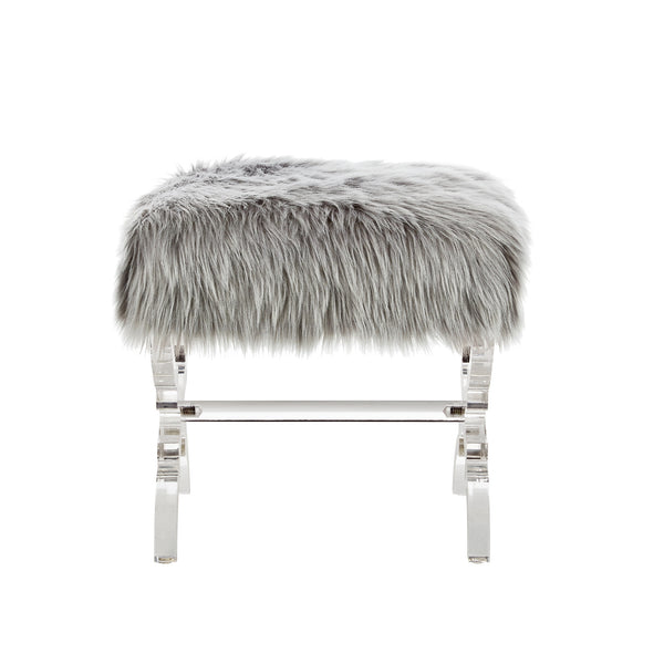 Homeroots 18" Gray Faux Fur And Clear Ottoman Grey,Faux Fur  487788