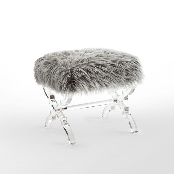 Homeroots 18" Gray Faux Fur And Clear Ottoman Grey,Faux Fur  487788