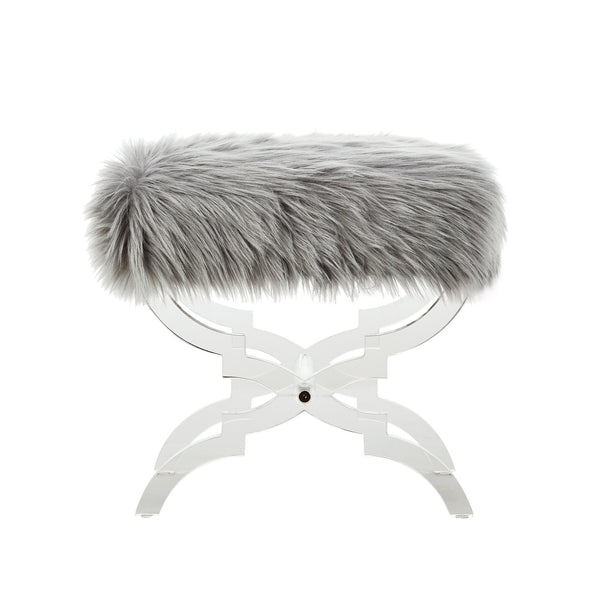 Homeroots 18" Gray Faux Fur And Clear Ottoman Grey,Faux Fur  487788