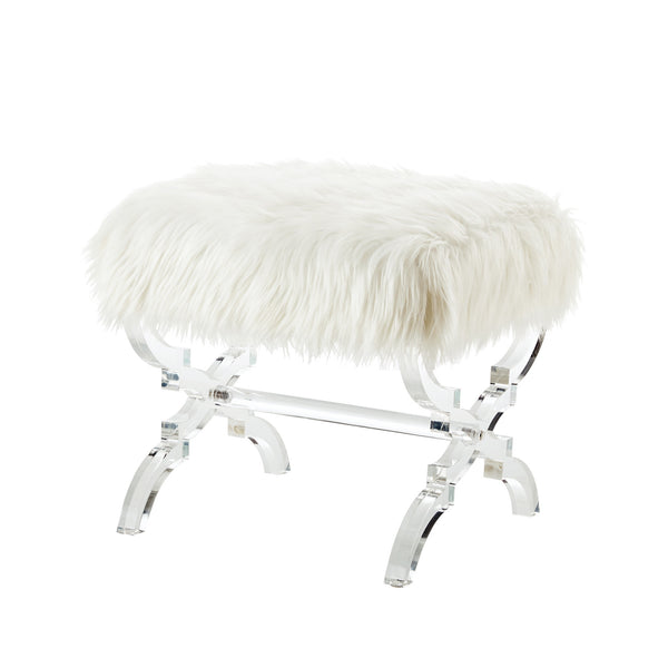 Homeroots 18" White Faux Fur And Clear Ottoman Cream White,Faux Fur  487790