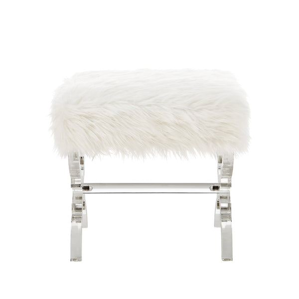 Homeroots 18" White Faux Fur And Clear Ottoman Cream White,Faux Fur  487790