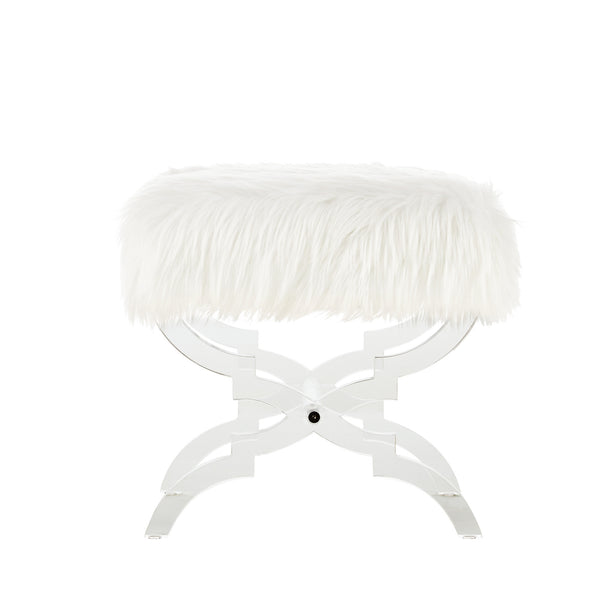 Homeroots 18" White Faux Fur And Clear Ottoman Cream White,Faux Fur  487790