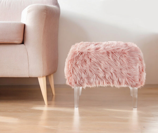 Homeroots 19" Rose Faux Fur And Clear Ottoman Rose  487796