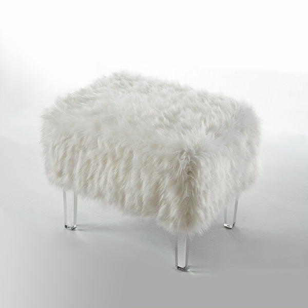 Homeroots 19" White Faux Fur And Clear Ottoman White  487797