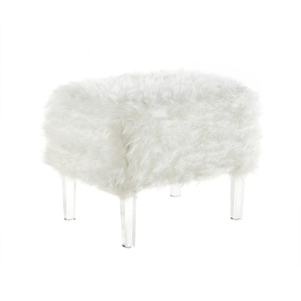 Homeroots 19" White Faux Fur And Clear Ottoman White  487797