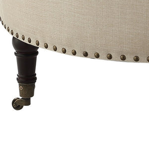 Homeroots 32" Beige Linen And Brown Rolling Tufted Round Storage Beige  487809
