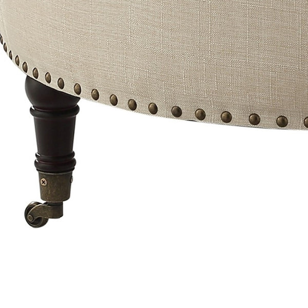 Homeroots 32" Beige Linen And Brown Rolling Tufted Round Storage Beige  487809