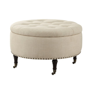 Homeroots 32" Beige Linen And Brown Rolling Tufted Round Storage Beige  487809