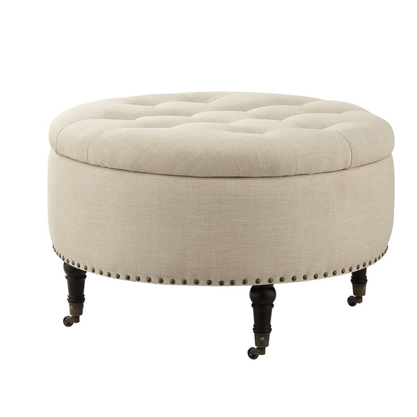 Homeroots 32" Beige Linen And Brown Rolling Tufted Round Storage Beige  487809