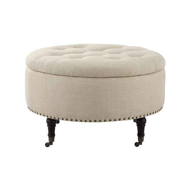 Homeroots 32" Beige Linen And Brown Rolling Tufted Round Storage Beige  487809