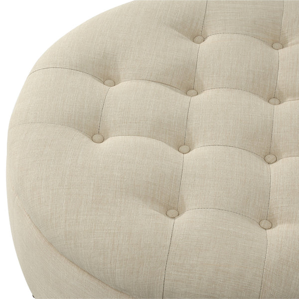 Homeroots 32" Beige Linen And Brown Rolling Tufted Round Storage Beige  487809