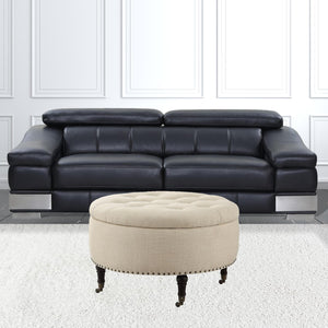 Homeroots 32" Beige Linen And Brown Rolling Tufted Round Storage Beige  487809