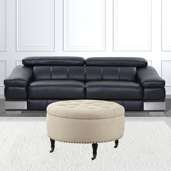 Homeroots 32" Beige Linen And Brown Rolling Tufted Round Storage Beige  487809