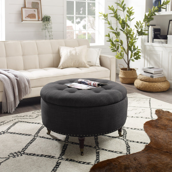 Homeroots 32" Charcoal Linen And Brown Rolling Tufted Round Storage Charcoal  487810