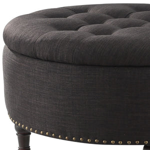 Homeroots 32" Charcoal Linen And Brown Rolling Tufted Round Storage Charcoal  487810