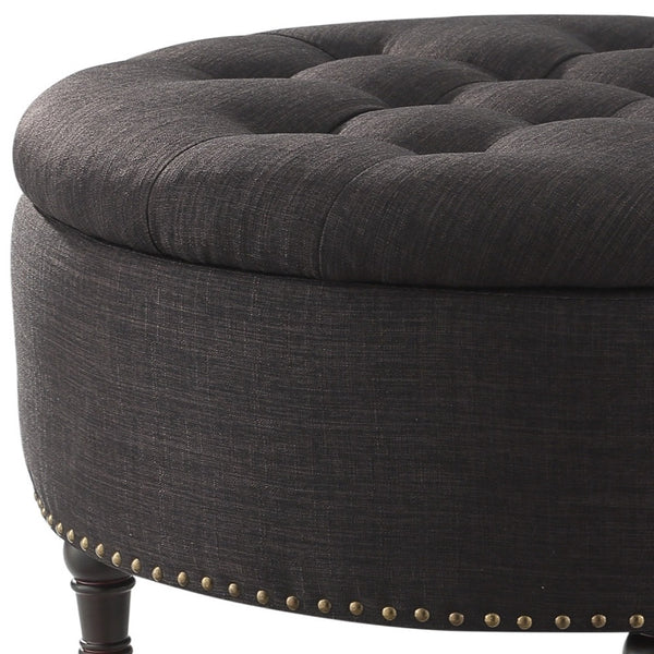 Homeroots 32" Charcoal Linen And Brown Rolling Tufted Round Storage Charcoal  487810