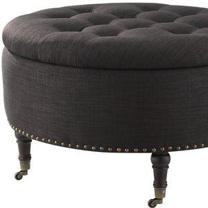 Homeroots 32" Charcoal Linen And Brown Rolling Tufted Round Storage Charcoal  487810