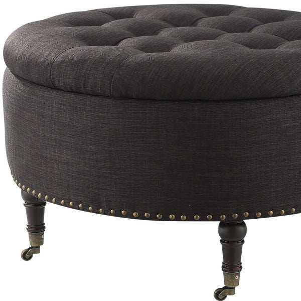 Homeroots 32" Charcoal Linen And Brown Rolling Tufted Round Storage Charcoal  487810