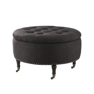 Homeroots 32" Charcoal Linen And Brown Rolling Tufted Round Storage Charcoal  487810