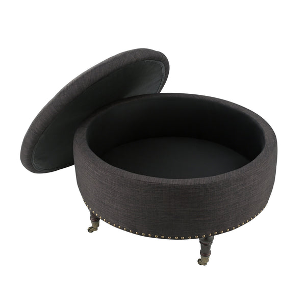 Homeroots 32" Charcoal Linen And Brown Rolling Tufted Round Storage Charcoal  487810