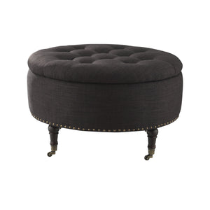 Homeroots 32" Charcoal Linen And Brown Rolling Tufted Round Storage Charcoal  487810