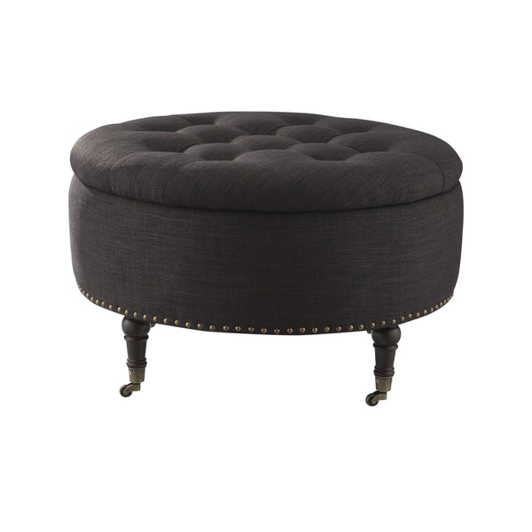 Homeroots 32" Charcoal Linen And Brown Rolling Tufted Round Storage Charcoal  487810