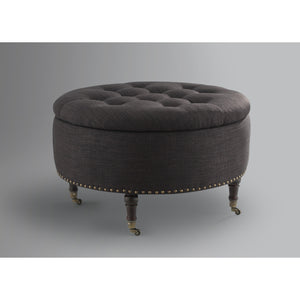 Homeroots 32" Charcoal Linen And Brown Rolling Tufted Round Storage Charcoal  487810
