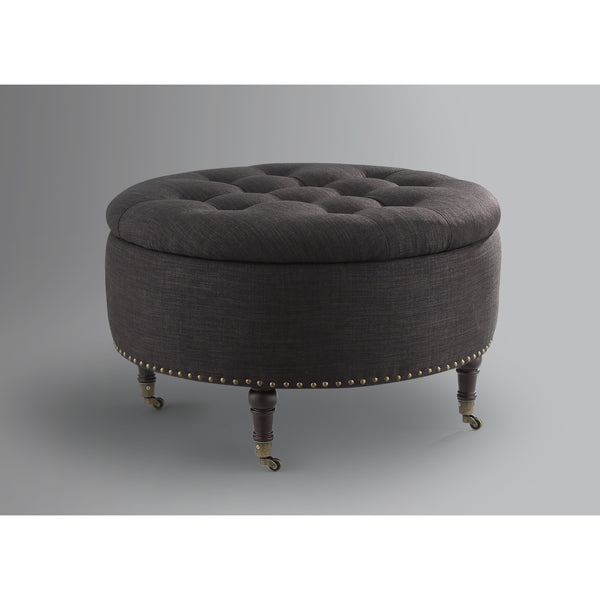 Homeroots 32" Charcoal Linen And Brown Rolling Tufted Round Storage Charcoal  487810