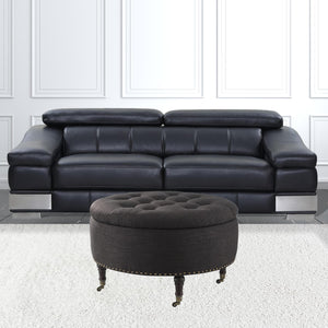 Homeroots 32" Charcoal Linen And Brown Rolling Tufted Round Storage Charcoal  487810