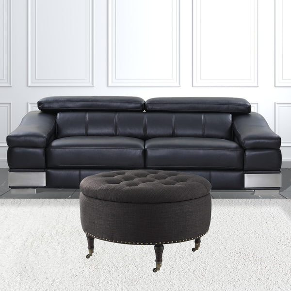Homeroots 32" Charcoal Linen And Brown Rolling Tufted Round Storage Charcoal  487810