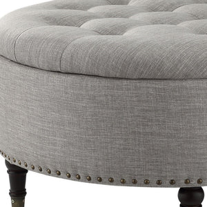 Homeroots 32" Gray Linen And Brown Rolling Tufted Round Storage Grey  487811