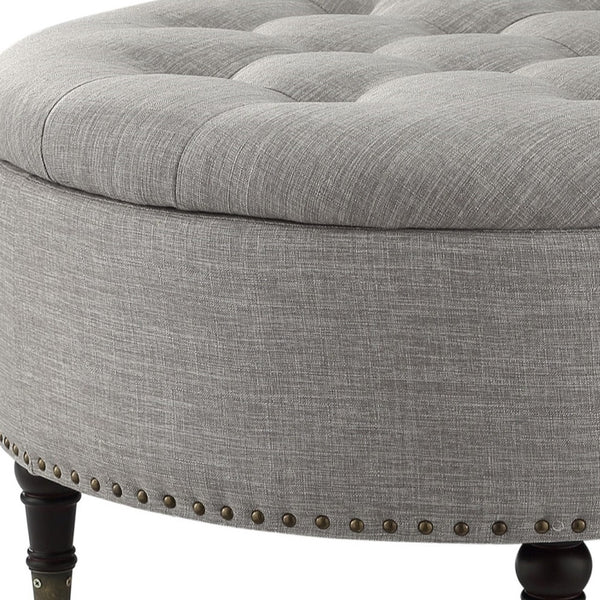 Homeroots 32" Gray Linen And Brown Rolling Tufted Round Storage Grey  487811
