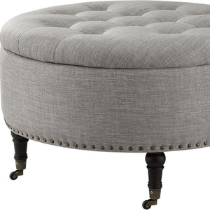 Homeroots 32" Gray Linen And Brown Rolling Tufted Round Storage Grey  487811