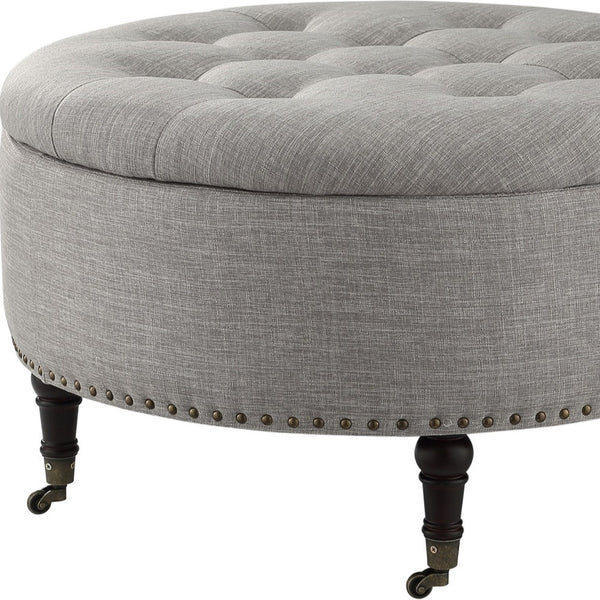 Homeroots 32" Gray Linen And Brown Rolling Tufted Round Storage Grey  487811