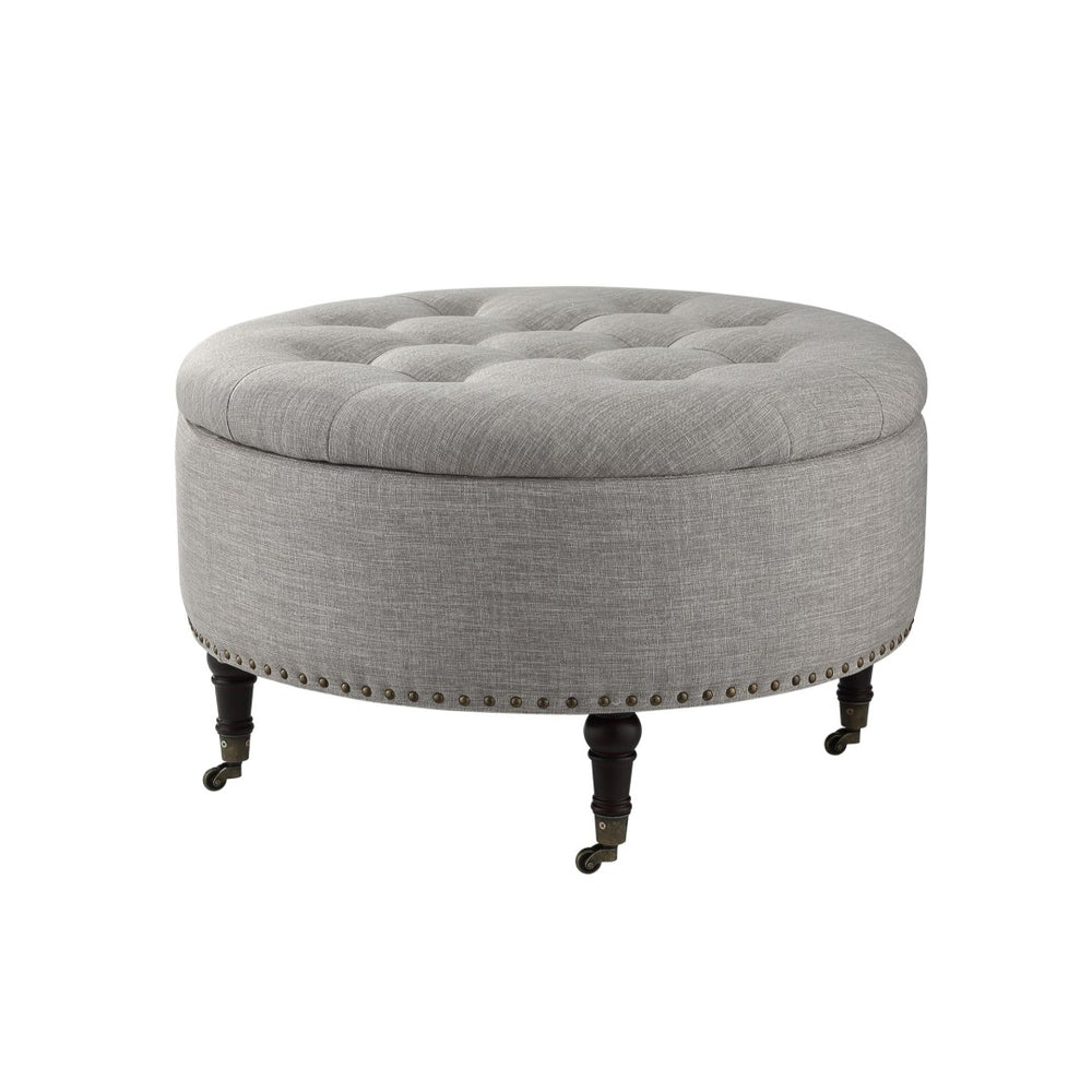 HomeRoots 32" Elegant Round Tufted Storage Ottoman with Rolling Casters for Stylish Home Organization and Comfort Grey 487811