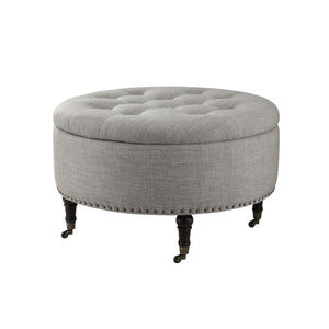 Homeroots 32" Gray Linen And Brown Rolling Tufted Round Storage Grey  487811
