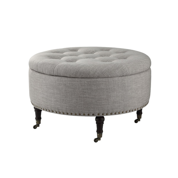 Homeroots 32" Gray Linen And Brown Rolling Tufted Round Storage Grey  487811