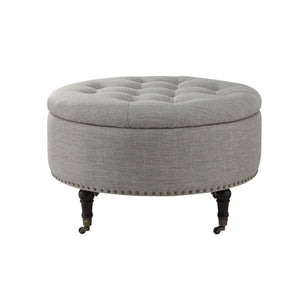 Homeroots 32" Gray Linen And Brown Rolling Tufted Round Storage Grey  487811