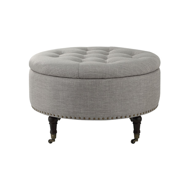 Homeroots 32" Gray Linen And Brown Rolling Tufted Round Storage Grey  487811