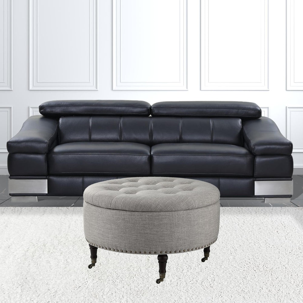 HomeRoots 32" Elegant Round Tufted Storage Ottoman with Rolling Casters for Stylish Home Organization and Comfort Grey 487811