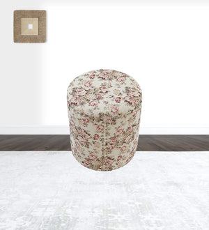 Homeroots 18" Ivory Linen Round Floral Ottoman Cluster Red  487834
